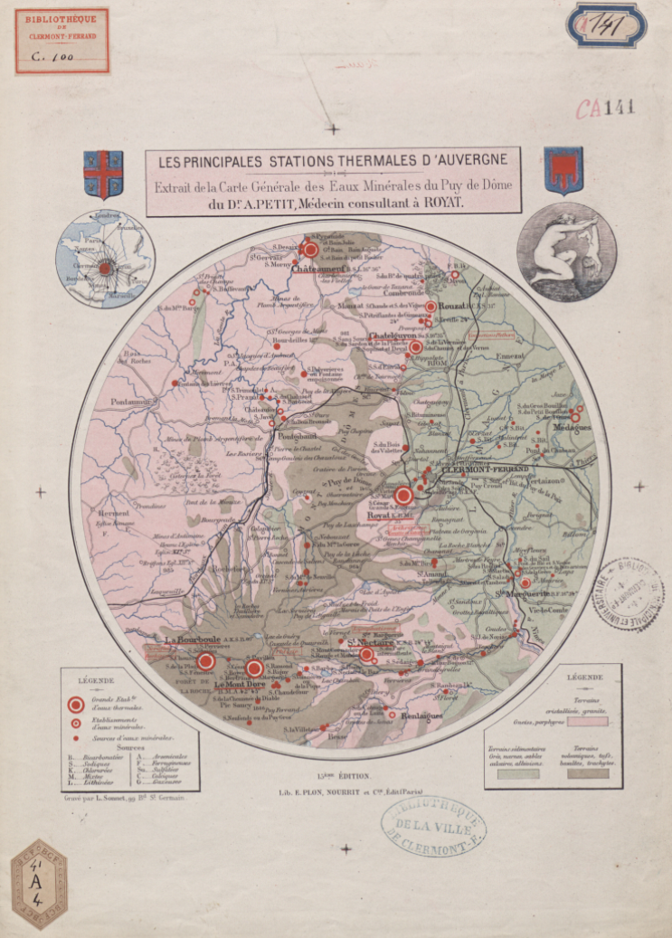 Reproduction « Les principales stations thermales du Puy-de-Dôme », 1908, Docteur R. Huguet. Bibliothèque du Patrimoine, Cote : 185105 34 5. https://cartographie.bibliotheques-clermontmetropole.eu/cartes/les-cartes-thematiques/carte-thermalisme-19e-siecle