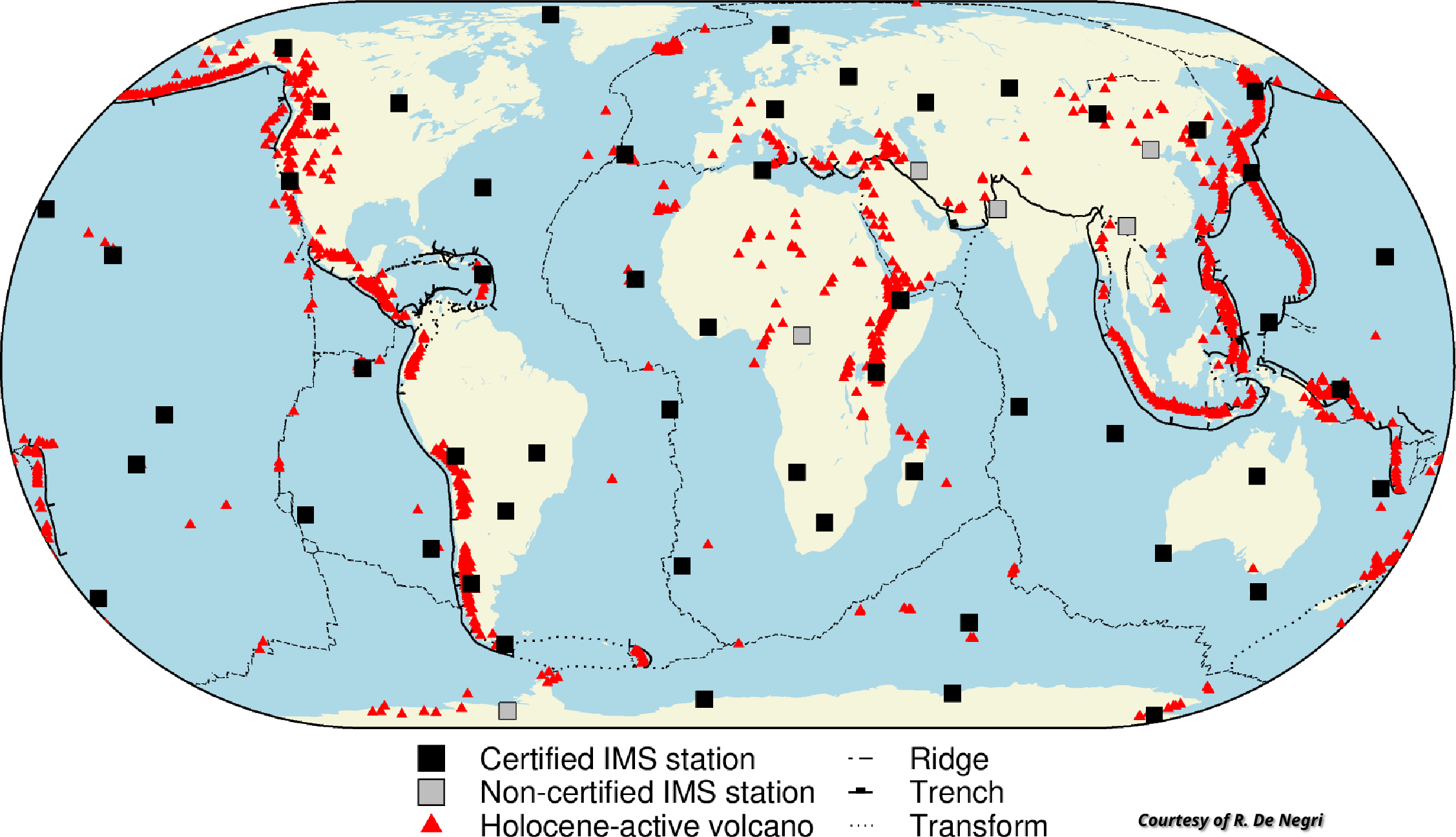 Figure 2: IMS infrasound network (black/grey squares), holocene-active volcanoes (red triangles), and plate tectonic boundaries (dashed/dotted lines).
