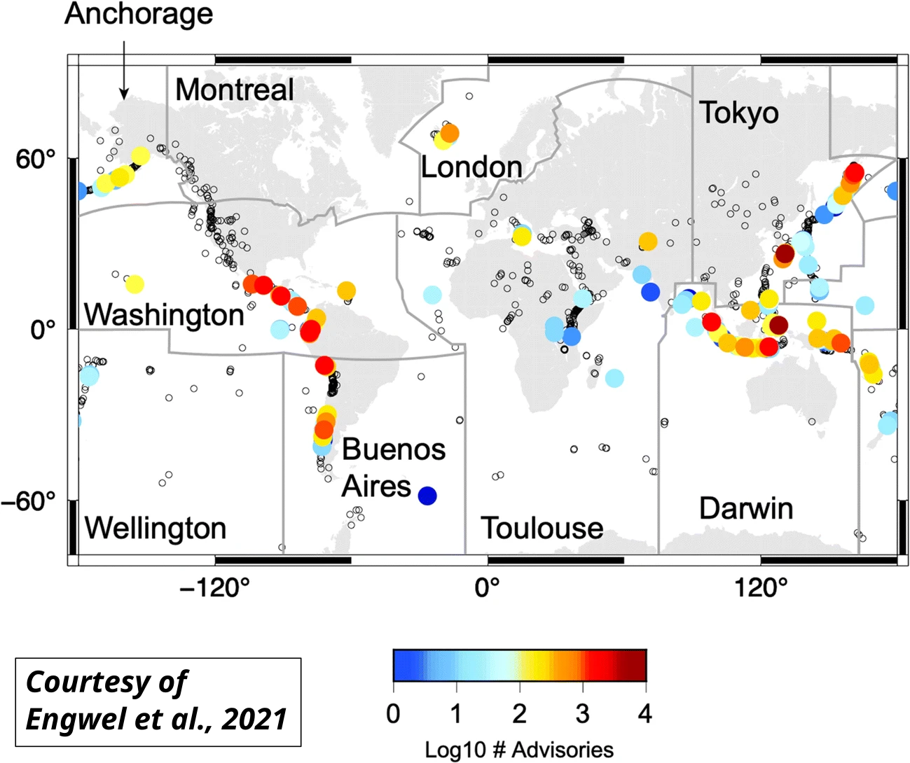 Figure 4: Volcanic Ash Advisory areas of the world and the number of advisories for each volcano. Original figure from Engwel et al., 2021.